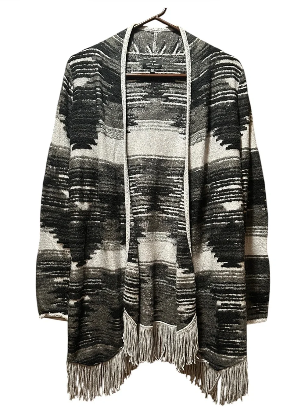 Lucky Brand Black & Grey Open-Front Fringe Cardigan
